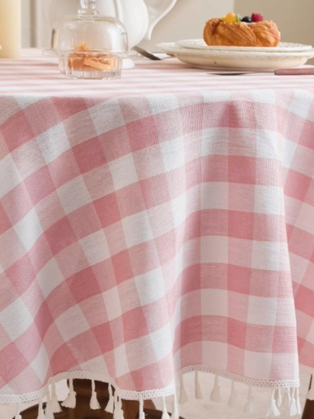 Gingham Checkered Tablecloth with Tassel Trim Cotton Linen Blend 60”Round - PINK